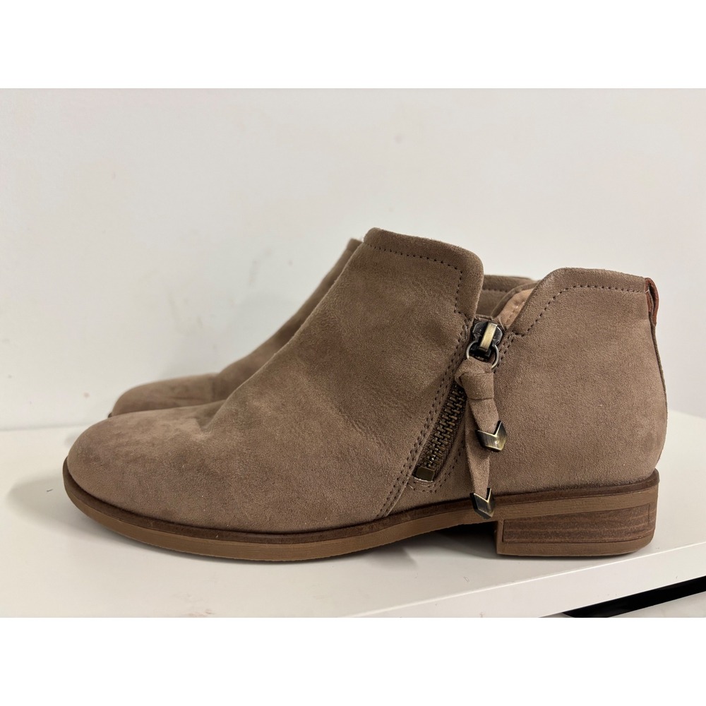 Dr. Scholls Astir Taupe Brown Suede Ankle Boots Side Zip Low Heel Womens 7.5M